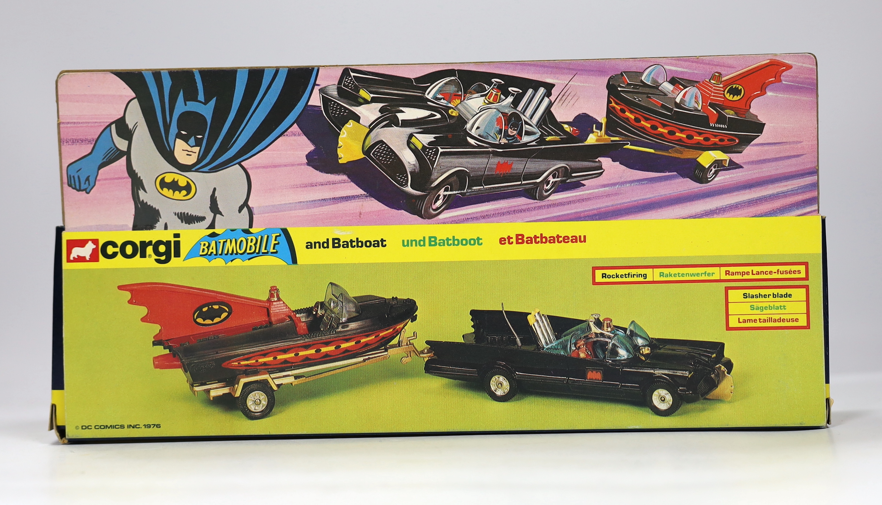 A boxed Corgi Gift Set (3) Batman Batmobile and Batboat in a late issue in striped window box, with unused yellow rockets still attached to the sprue